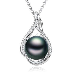 Tahitian Black Pearl & Moissanite Sterling Silver Necklace Adjustable Chain NWT